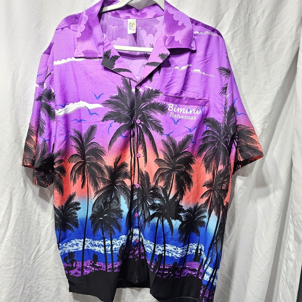 Button-Up Shirt Mens XL Purple Bimini Bahamas Islands Palm Trees Beach Cruise